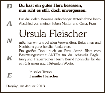 Traueranzeige von Ursula Fleischer von Mitteldeutsche Zeitung Zeitz
