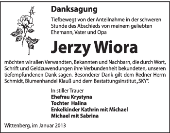 Traueranzeige von Jerzy Wiora von Mitteldeutsche Zeitung Jessen