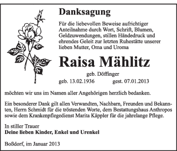 Traueranzeige von Raisa Mählitz von Mitteldeutsche Zeitung Jessen