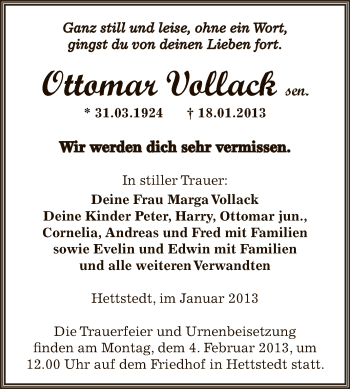 Traueranzeige von Ottomar Vollack von Mitteldeutsche Zeitung Mansfelder Land