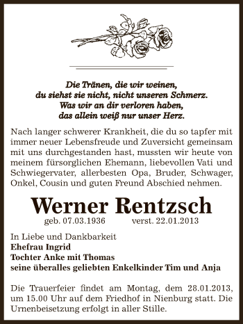 Traueranzeige von Werner Rentzsch von Mitteldeutsche Zeitung Bernburg