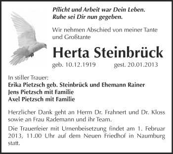Traueranzeige von Herta Steinbrück von Mitteldeutsche Zeitung Naumburg/Nebra
