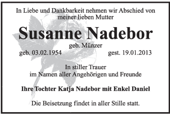 Traueranzeige von Susanne Nadebor von Mitteldeutsche Zeitung Dessau-Roßlau