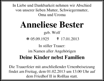 Traueranzeige von Anneliese Bester von Mitteldeutsche Zeitung Dessau-Roßlau