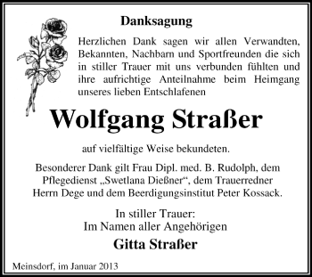 Traueranzeige von Wolfgang Straßer von Mitteldeutsche Zeitung Dessau-Roßlau