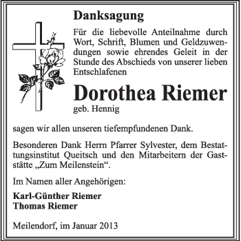 Traueranzeige von Dorothea Riemer von Mitteldeutsche Zeitung Köthen