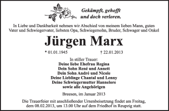 Traueranzeige von Jürgen Marx von Mitteldeutsche Zeitung Köthen