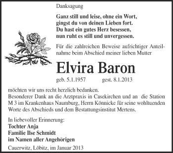 Traueranzeige von Elvira Baron von Mitteldeutsche Zeitung Naumburg/Nebra