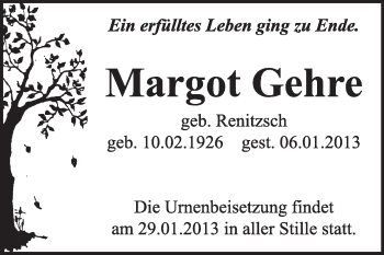 Traueranzeige von Margot Gehre von Mitteldeutsche Zeitung Dessau-Roßlau