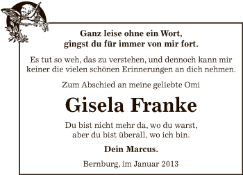 Traueranzeige von Gisela Franke von Mitteldeutsche Zeitung Bernburg