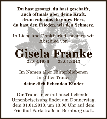 Traueranzeige von Gisela Franke von Mitteldeutsche Zeitung Bernburg