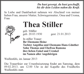 Traueranzeige von Thea Stiller von Mitteldeutsche Zeitung Weißenfels
