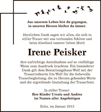 Traueranzeige von Irene Peisker von Mitteldeutsche Zeitung Zeitz