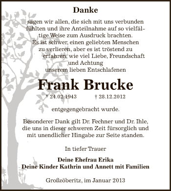 Traueranzeige von Frank Brucke von Mitteldeutsche Zeitung Bitterfeld