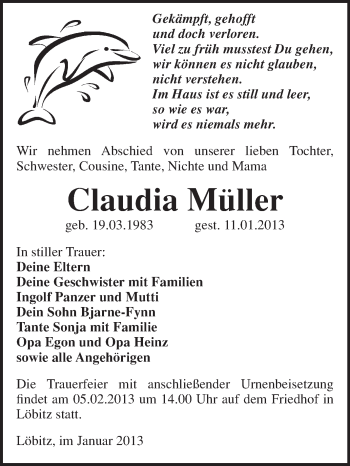 Traueranzeige von Claudia Müller von Mitteldeutsche Zeitung Naumburg/Nebra
