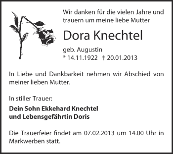 Traueranzeige von Dora Knechtel von Mitteldeutsche Zeitung Weißenfels