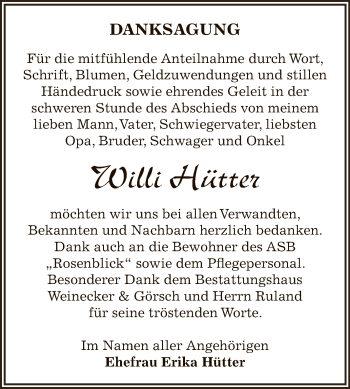 Traueranzeige von Willi Hütter von Mitteldeutsche Zeitung Bernburg