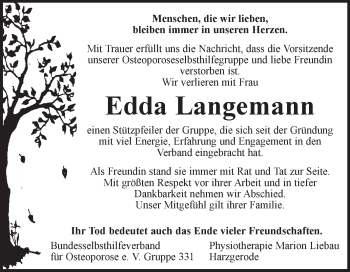 Traueranzeige von Edda Langemann von Mitteldeutsche Zeitung Quedlinburg