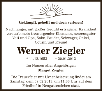 Traueranzeige von Werner Ziegler von Mitteldeutsche Zeitung Bernburg