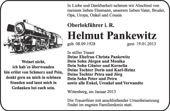 Traueranzeige von Helmut Pankewitz von Mitteldeutsche Zeitung Jessen