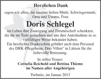 Traueranzeige von Doris Schlegel von Mitteldeutsche Zeitung Weißenfels