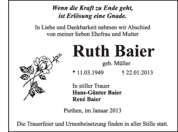 Traueranzeige von Ruth Baier von Mitteldeutsche Zeitung Köthen