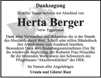 Traueranzeige von Herta Berger von Mitteldeutsche Zeitung Dessau-Roßlau