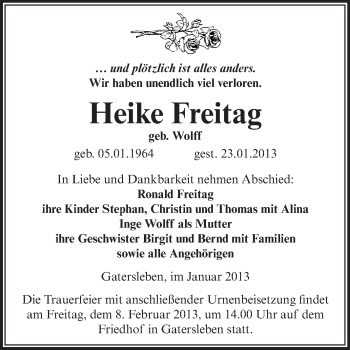 Traueranzeige von Heike Freitag von Mitteldeutsche Zeitung Aschersleben