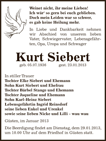 Traueranzeige von Kurt Siebert von Mitteldeutsche Zeitung Bernburg