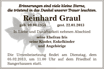 Traueranzeige von Reinhard Graul von Mitteldeutsche Zeitung Sangerhausen