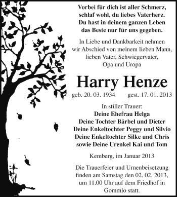 Traueranzeige von Harry Henze von Mitteldeutsche Zeitung Jessen