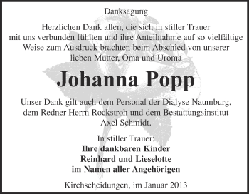 Traueranzeige von Johanna Popp von Mitteldeutsche Zeitung Naumburg/Nebra