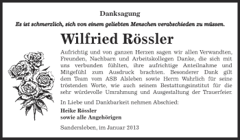 Traueranzeige von Wilfried Rössler von Mitteldeutsche Zeitung Mansfelder Land