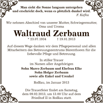 Traueranzeige von Waltraud Zerbaum von Mitteldeutsche Zeitung Dessau-Roßlau