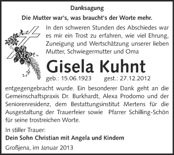 Traueranzeige von Gisela Kuhnt von Mitteldeutsche Zeitung Naumburg/Nebra