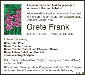 Traueranzeige von Grete Frank von Mitteldeutsche Zeitung Zeitz