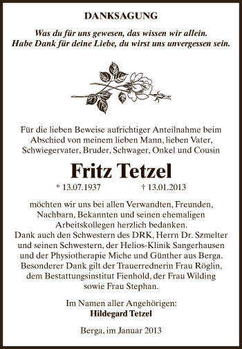 Traueranzeige von Fritz Tetzel von Mitteldeutsche Zeitung Sangerhausen