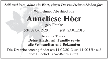Traueranzeige von Anneliese Höer von Mitteldeutsche Zeitung Weißenfels