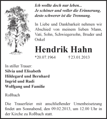 Traueranzeige von Hendrik Hahn von Mitteldeutsche Zeitung Naumburg/Nebra