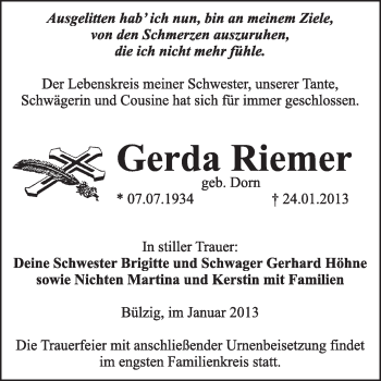 Traueranzeige von Gerda Riemer von Mitteldeutsche Zeitung Jessen