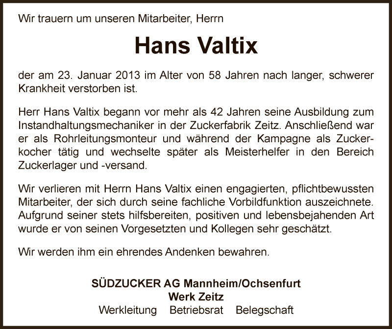  Traueranzeige für Hans Valtix vom 27.01.2013 aus Mitteldeutsche Zeitung Zeitz