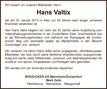 Traueranzeige von Hans Valtix von Mitteldeutsche Zeitung Zeitz