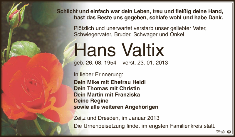 Traueranzeige für Hans Valtix vom 27.01.2013 aus Mitteldeutsche Zeitung Zeitz