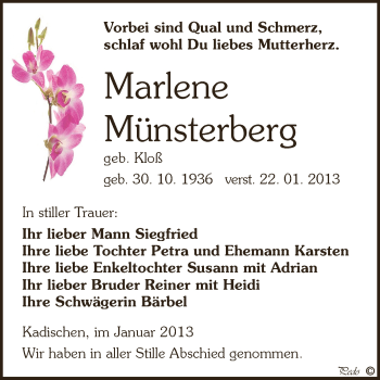 Traueranzeige von Marlene Münsterberg von Mitteldeutsche Zeitung Zeitz
