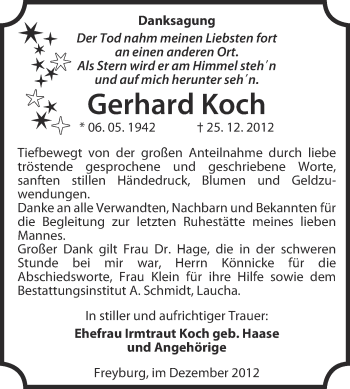 Traueranzeige von Gerhard Koch von Mitteldeutsche Zeitung Naumburg/Nebra