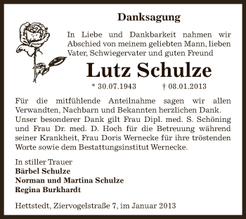 Traueranzeige von Lutz Schulze von Mitteldeutsche Zeitung Mansfelder Land