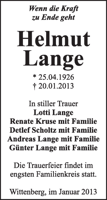 Traueranzeige von Helmut Lange von Mitteldeutsche Zeitung Jessen