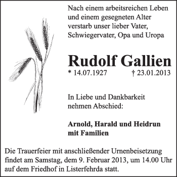 Traueranzeige von Rudolf Gallien von Mitteldeutsche Zeitung Jessen
