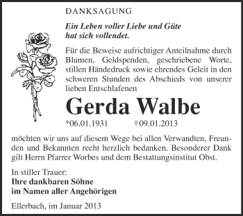 Traueranzeige von Gerda Walbe von Mitteldeutsche Zeitung Merseburg/Querfurt
