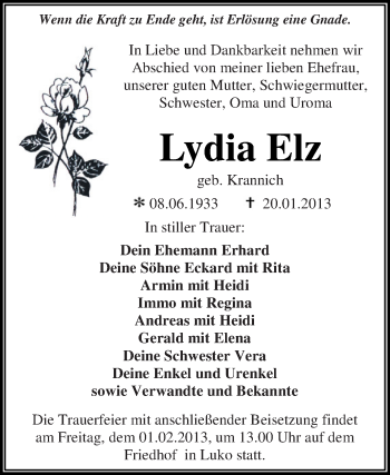 Traueranzeige von Lydia Elz von Mitteldeutsche Zeitung Dessau-Roßlau